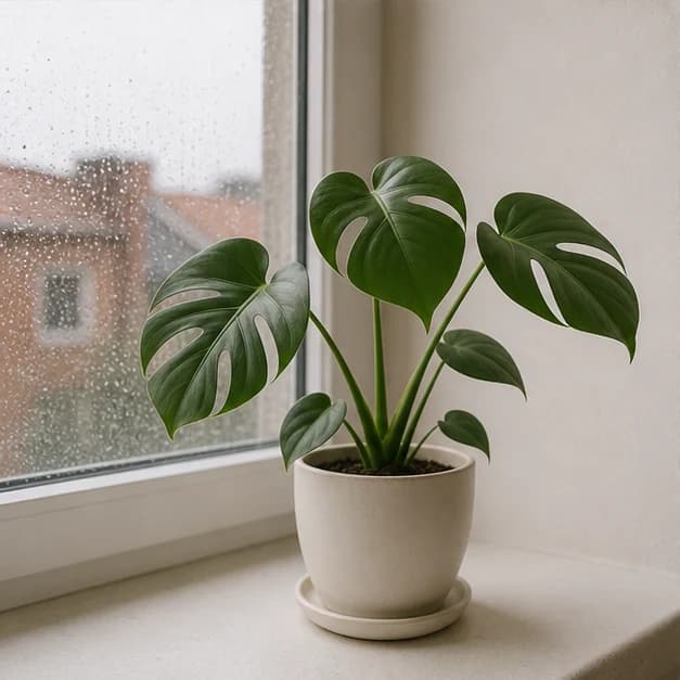 A growing monstera by the window
