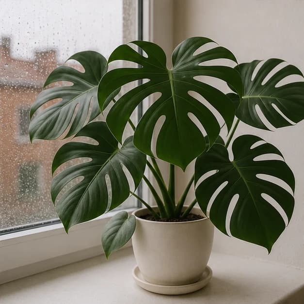 A monstera after 126 days by a rainy window